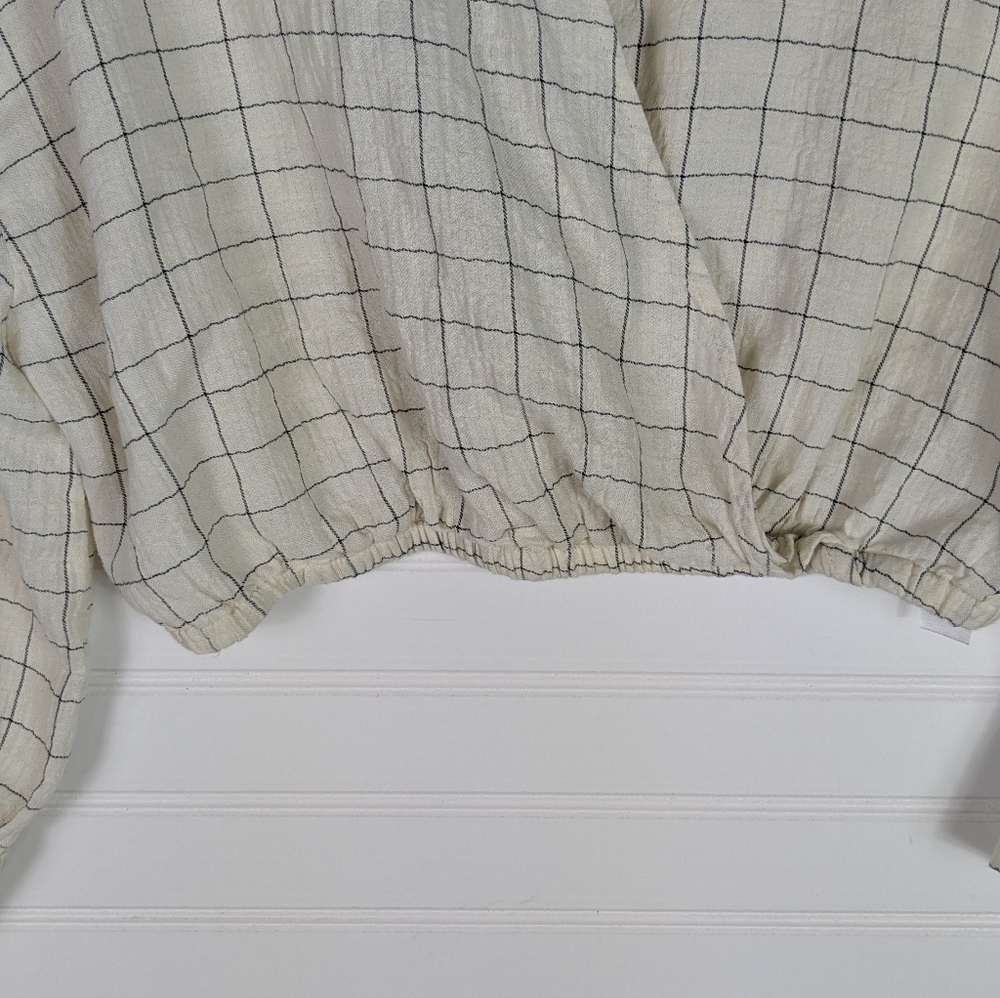 Zara S Cropped Ivory Windowpane Faux Wrap Collared  long Sleeve Blouse - Picture 5 of 7